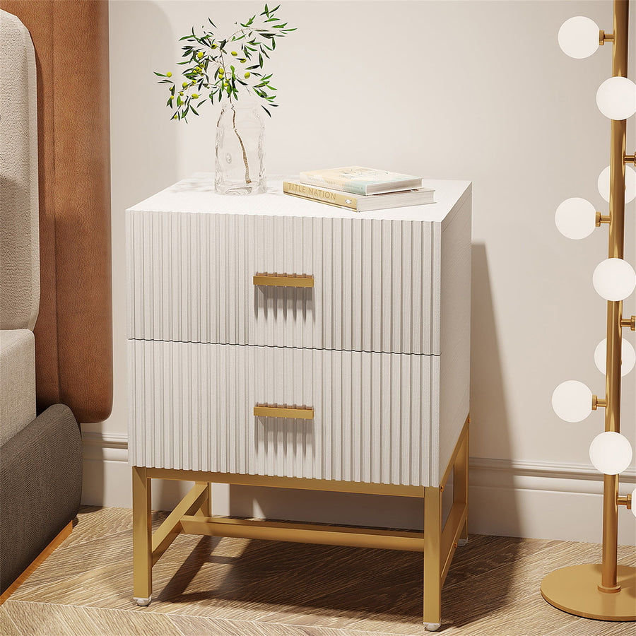 Hommoo 2-Drawer Nightstand, White Gold Bed Side Table with Storage Big, Modern Wide End Table Accent Table for Living Image 1