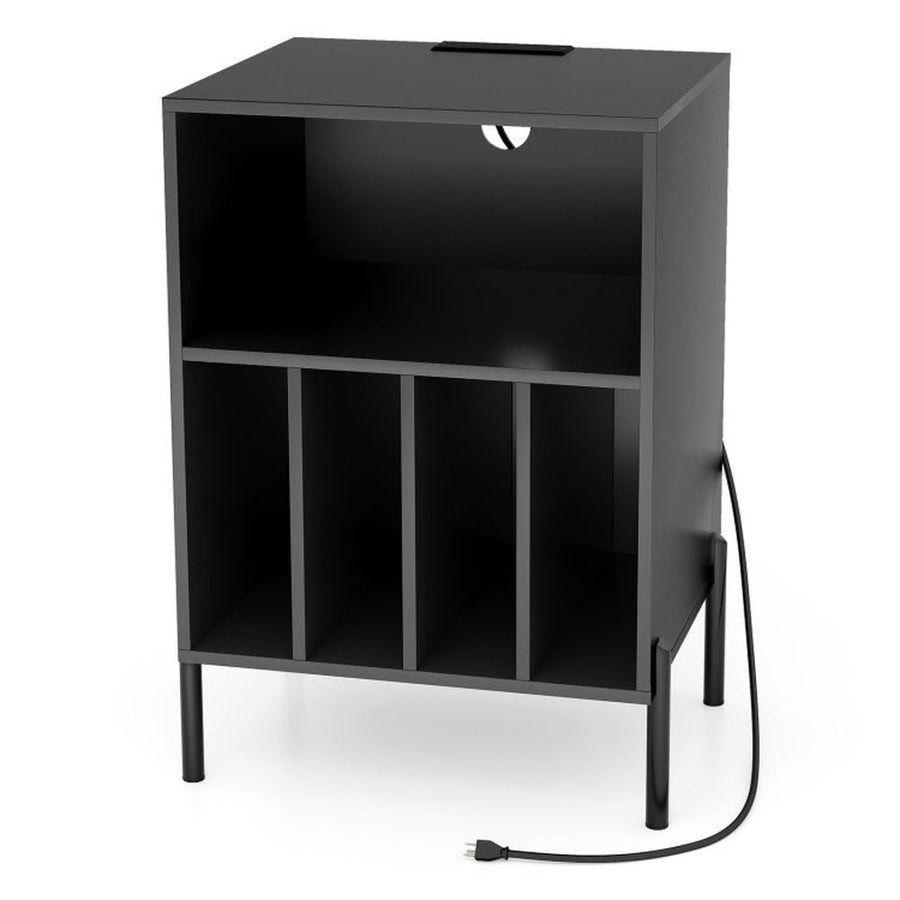 Hommoo Record Player Stand with Record Storage Shelf and Charging Station-Black, Nightstand Small Side Table Image 1