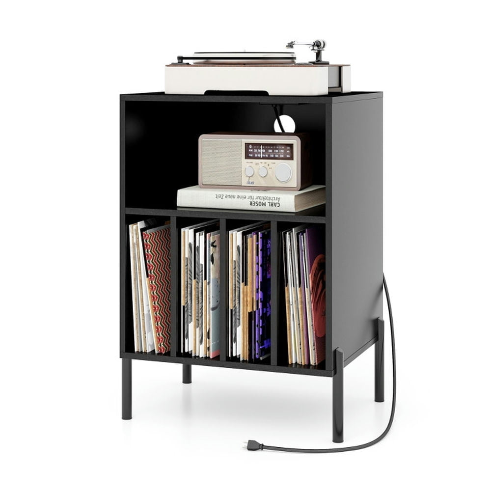 Hommoo Record Player Stand with Record Storage Shelf and Charging Station-Black, Nightstand Small Side Table Image 4