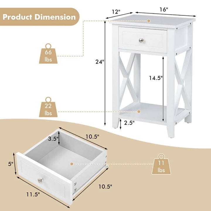 Hommoo Storage End Bedside Drawer Nightstand w/ Bottom Shelf-White, Stylish Bedside Table, X-Design Reinforcement Image 3