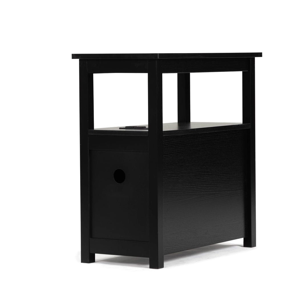 Hommoo End Table with Charging Station, Narrow Sofa Side Table, Wooden Nightstand, Bedroom Living Room Furniture, Black Image 3