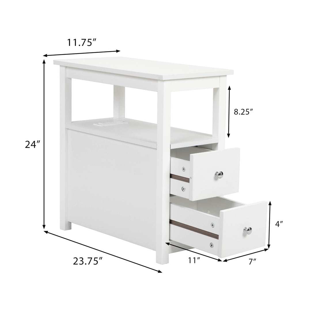 Hommoo End Table with Charging Station, Narrow Sofa Side Table, Wooden Nightstand, Bedroom Living Room Furniture, White Image 2