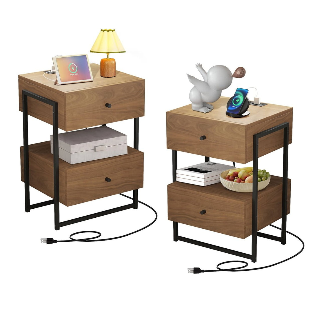 Hommoo Nightstands Set of 2 with Charging Station, Retro Bedside Tables w/USB Ports and Outlets, Sofa Side Table for Image 1