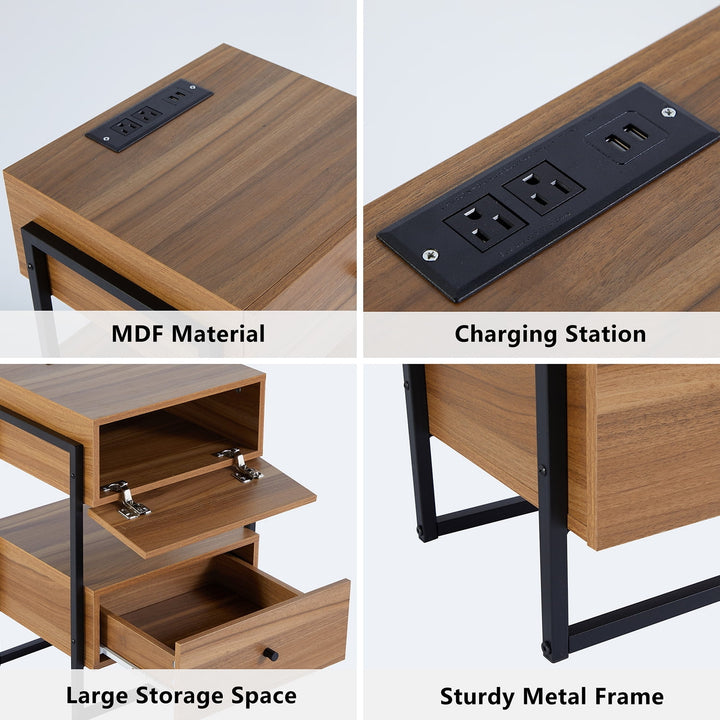 Hommoo Nightstands Set of 2 with Charging Station, Retro Bedside Tables w/USB Ports and Outlets, Sofa Side Table for Image 2