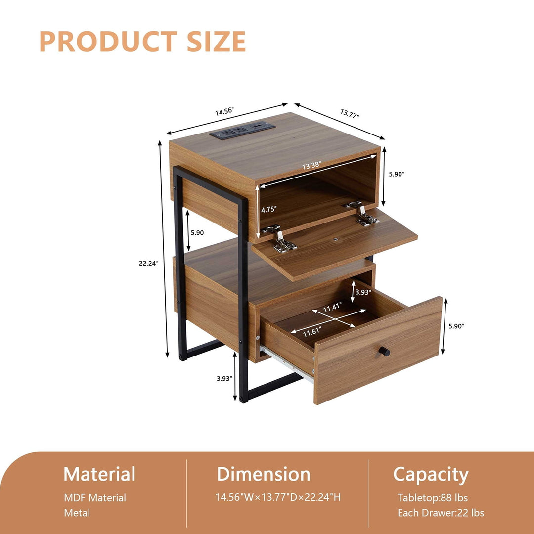 Hommoo Nightstands Set of 2 with Charging Station, Retro Bedside Tables w/USB Ports and Outlets, Sofa Side Table for Image 4