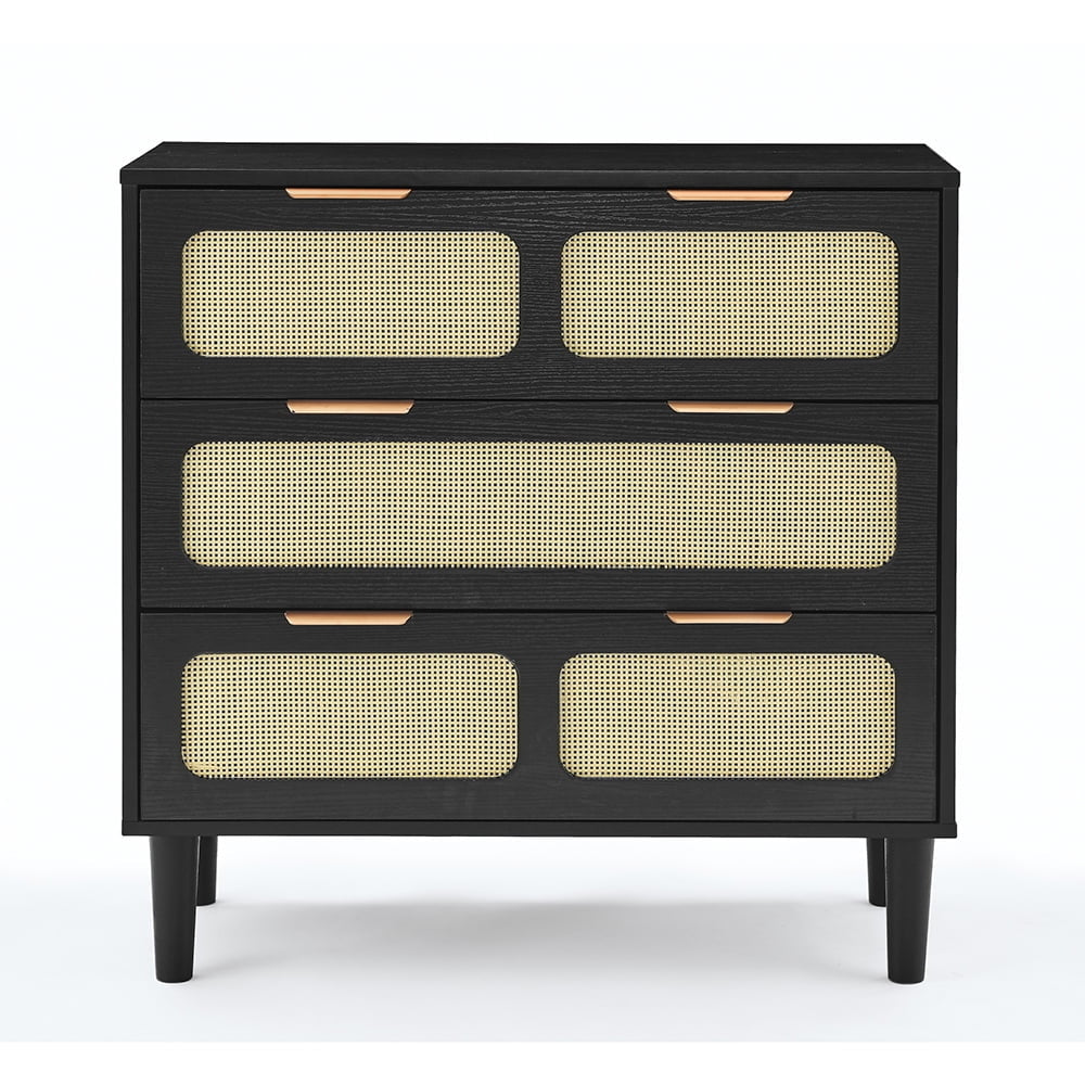 Rattan 3 Drawer Dresser for Bedroom, Black Wood Storage Wide Dressers and Chests of Drawers Large Storage Cabinet for Image 5