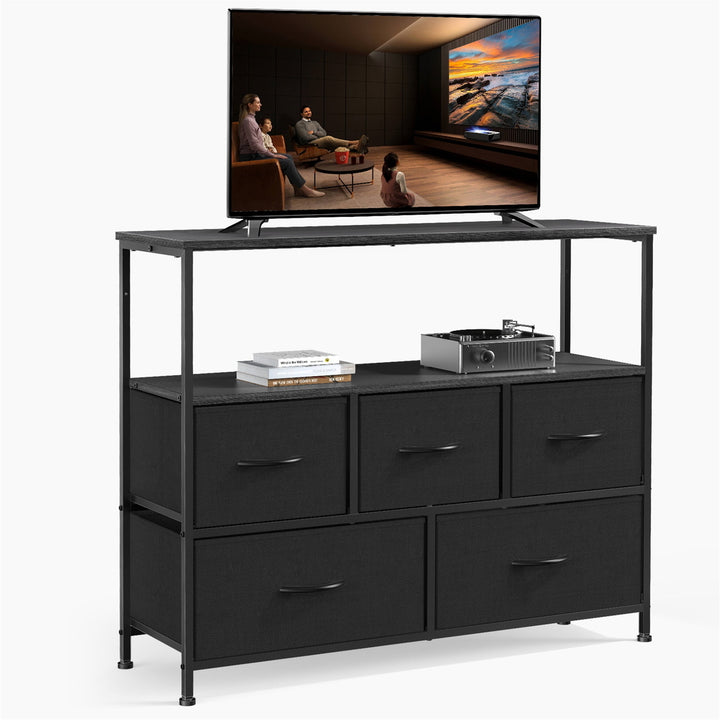 Hommoo TV Stand for Bedroom with Drawers, 5 Fabric Storage Dresser Chest of Drawers Black Image 2