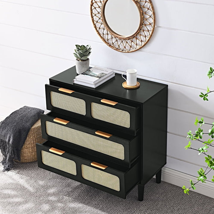 Rattan 3 Drawer Dresser for Bedroom, Black Wood Storage Wide Dressers and Chests of Drawers Large Storage Cabinet for Image 7