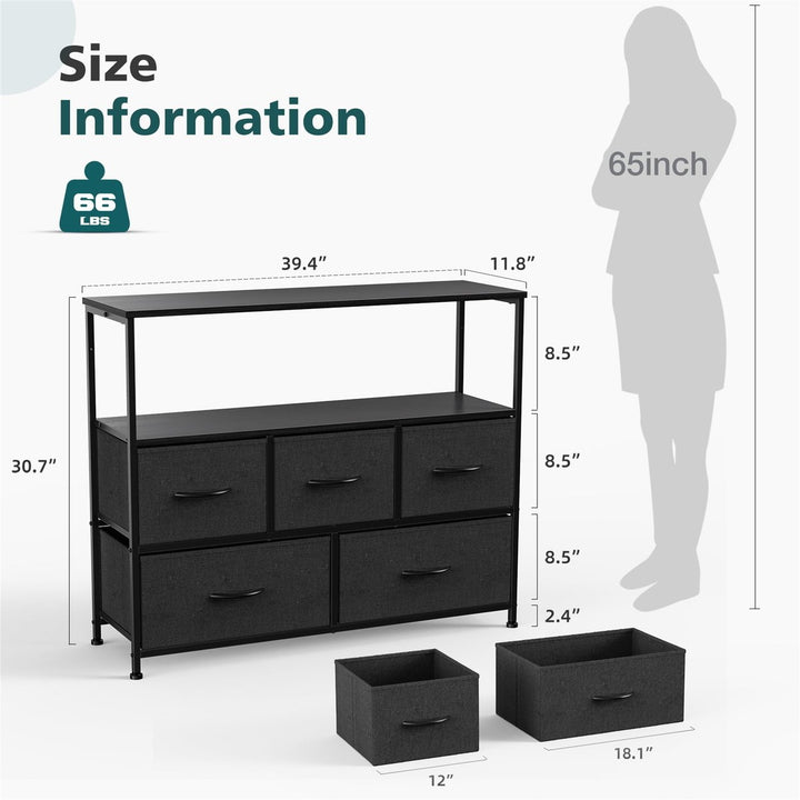 Hommoo TV Stand for Bedroom with Drawers, 5 Fabric Storage Dresser Chest of Drawers Black Image 3