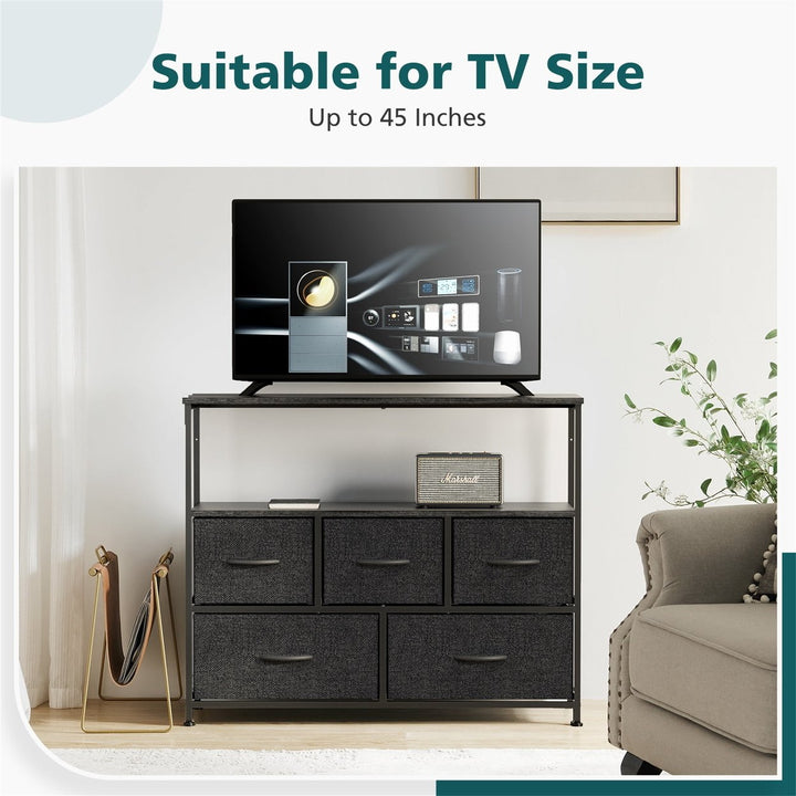 Hommoo TV Stand for Bedroom with Drawers, 5 Fabric Storage Dresser Chest of Drawers Black Image 6