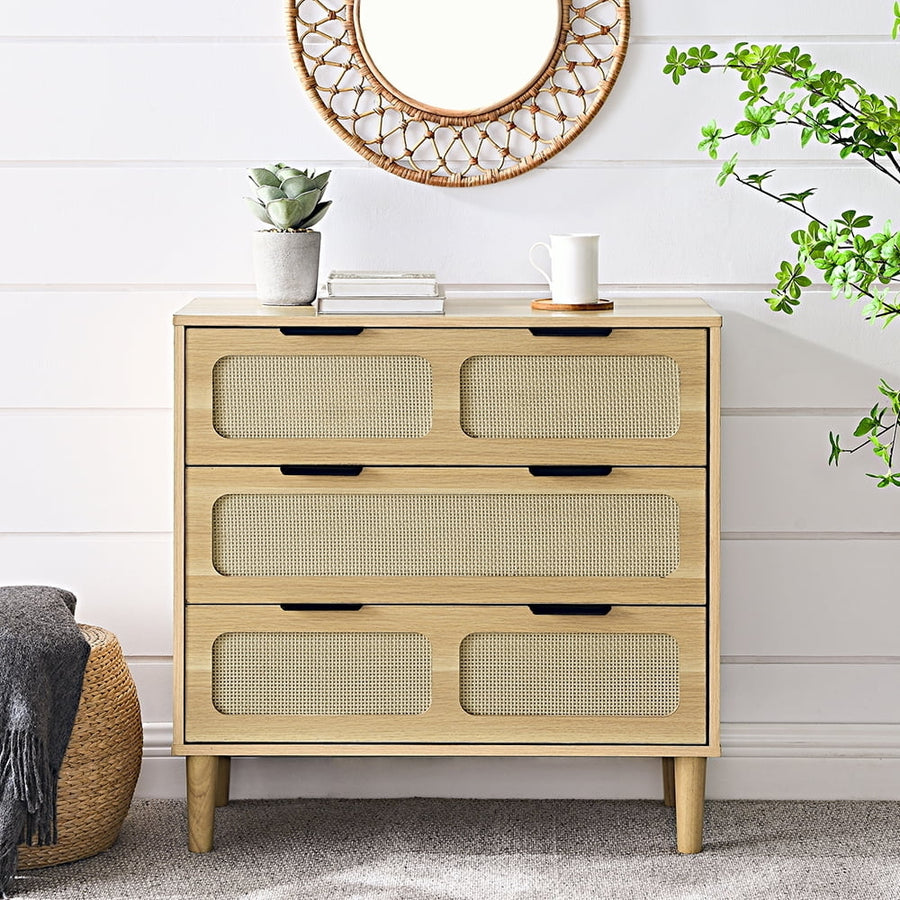 Rattan 3 Drawer Dresser for Bedroom, Natural Wood Storage Wide Dressers Chests of Drawers Large Storage Cabinet for Image 1