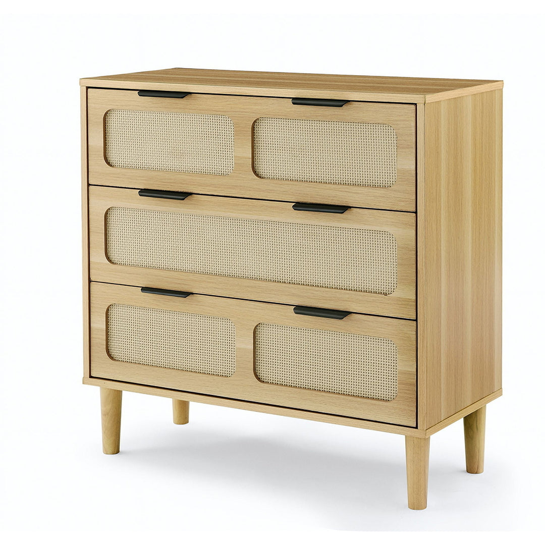 Rattan 3 Drawer Dresser for Bedroom, Natural Wood Storage Wide Dressers Chests of Drawers Large Storage Cabinet for Image 6