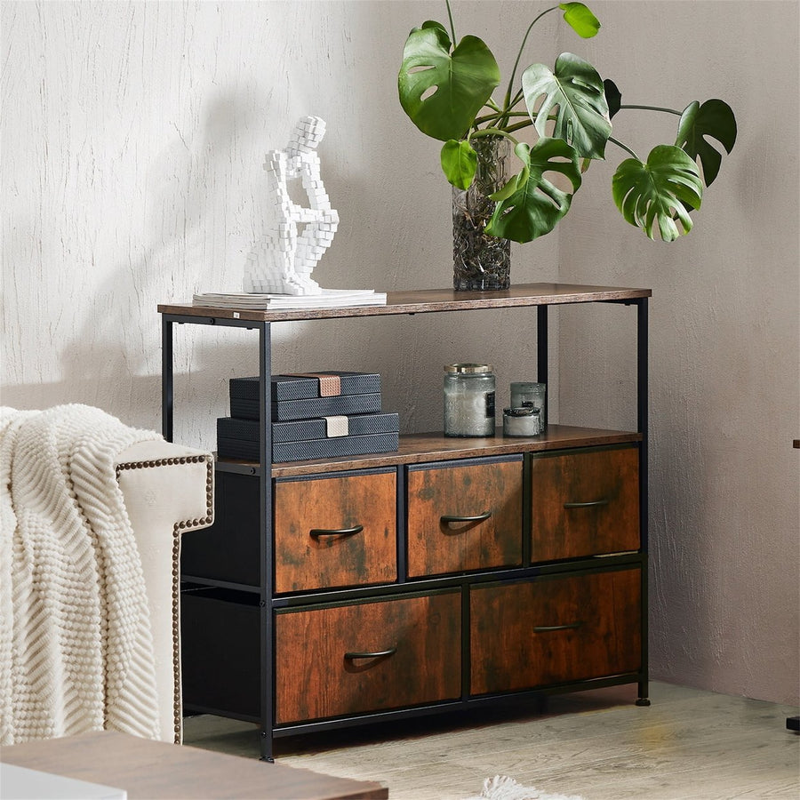 Hommoo TV Stand for Bedroom, Entertainment Hub Featuring 5 Fabric Storage Drawers, Classic Brown Dresser Chest Image 1