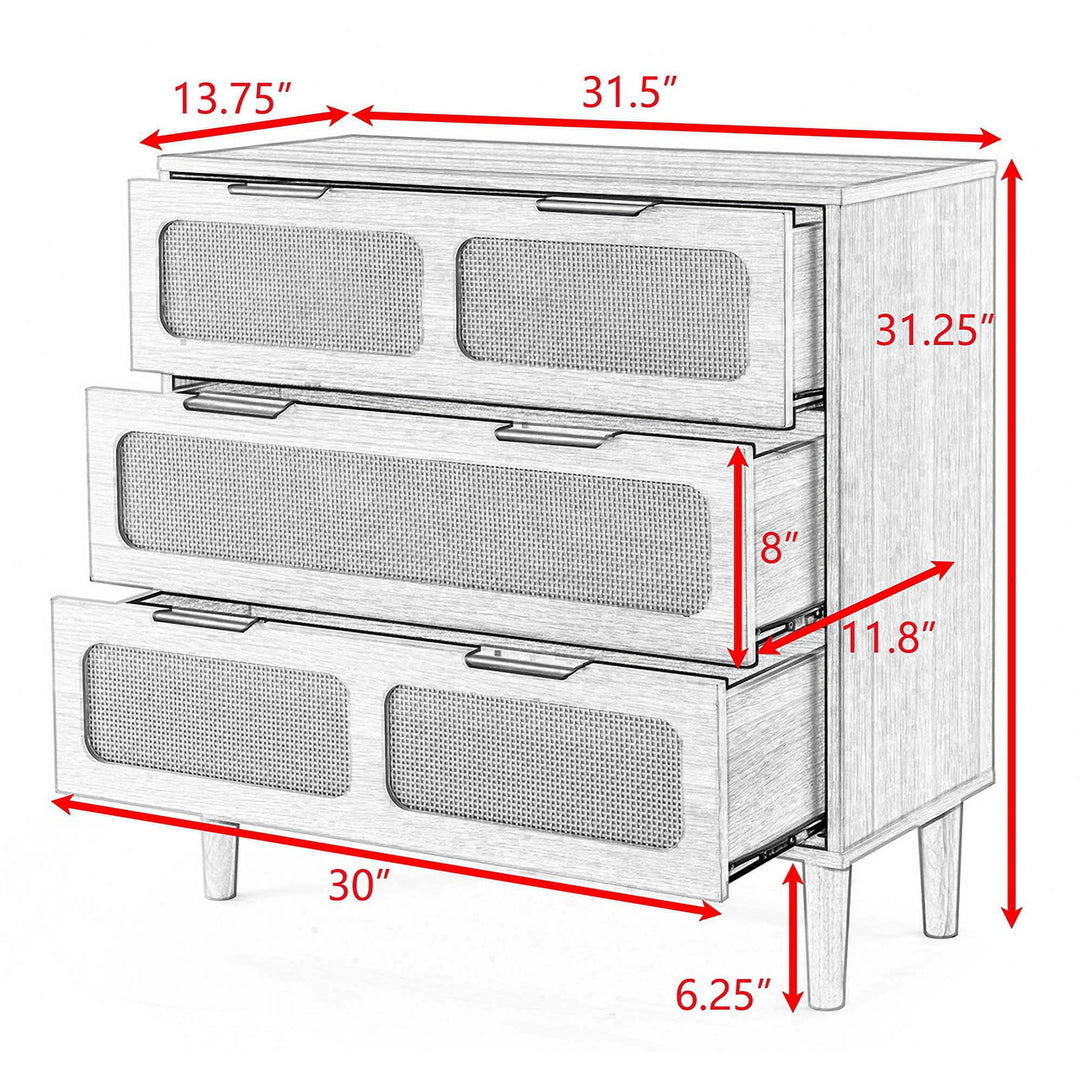 Rattan 3 Drawer Dresser for Bedroom, Natural Wood Storage Wide Dressers Chests of Drawers Large Storage Cabinet for Image 7