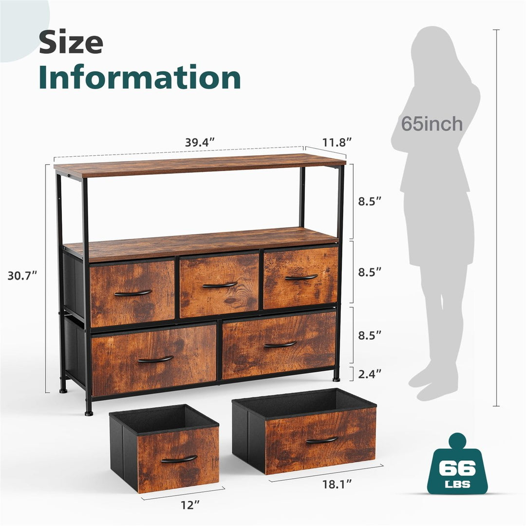 Hommoo TV Stand for Bedroom, Entertainment Hub Featuring 5 Fabric Storage Drawers, Classic Brown Dresser Chest Image 3