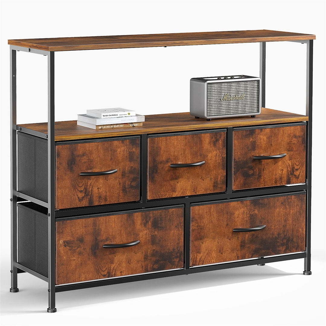 Hommoo TV Stand for Bedroom, Entertainment Hub Featuring 5 Fabric Storage Drawers, Classic Brown Dresser Chest Image 5