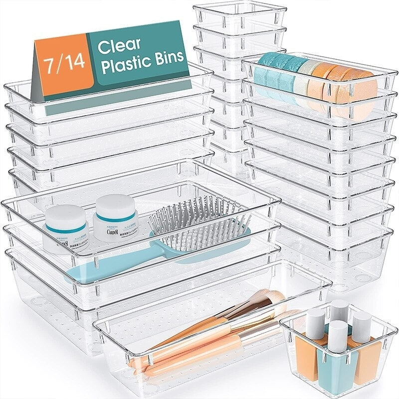 7/14 Pcs Drawer Organizers Set Clear Plastic Desk Dividers Bins Bedroom Dresser Office Storage Box for Makeup Jewelries Image 1