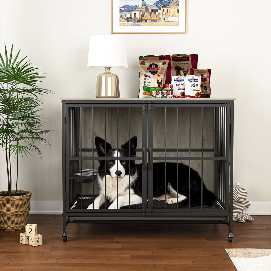 Hommoo 37 Inch Large Dog Crate Furniture with Bowl, Multi-Functional Dog Crate End Table with Wheels, Grey Image 1