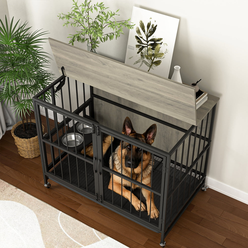 Hommoo 37 Inch Large Dog Crate Furniture with Bowl, Multi-Functional Dog Crate End Table with Wheels, Grey Image 2