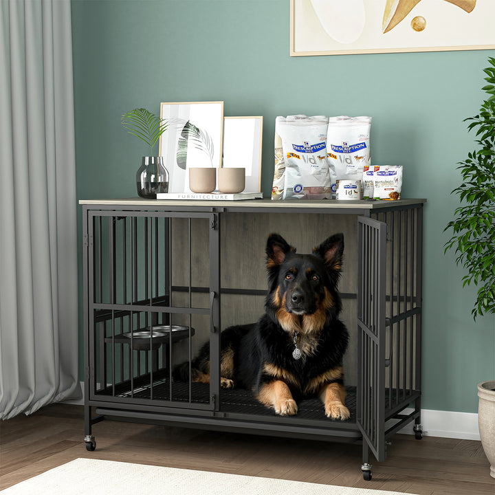 Hommoo 37 Inch Large Dog Crate Furniture with Bowl, Multi-Functional Dog Crate End Table with Wheels, Grey Image 3