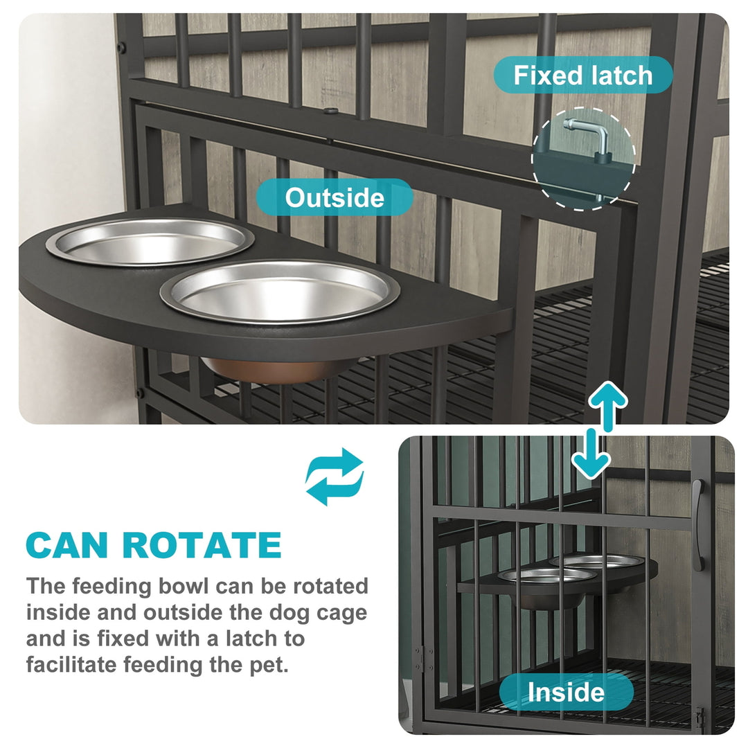 Hommoo 37 Inch Large Dog Crate Furniture with Bowl, Multi-Functional Dog Crate End Table with Wheels, Grey Image 4