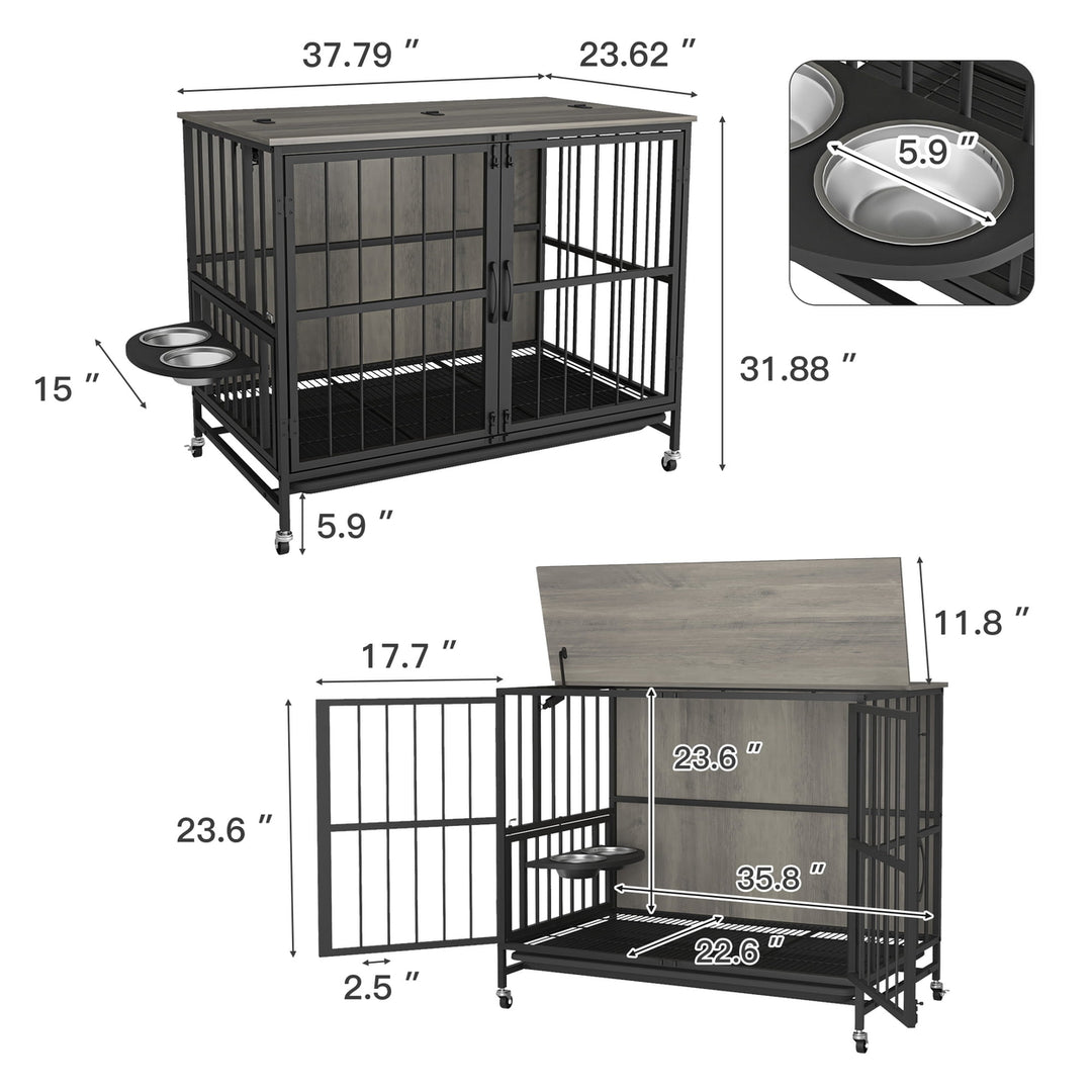 Hommoo 37 Inch Large Dog Crate Furniture with Bowl, Multi-Functional Dog Crate End Table with Wheels, Grey Image 5