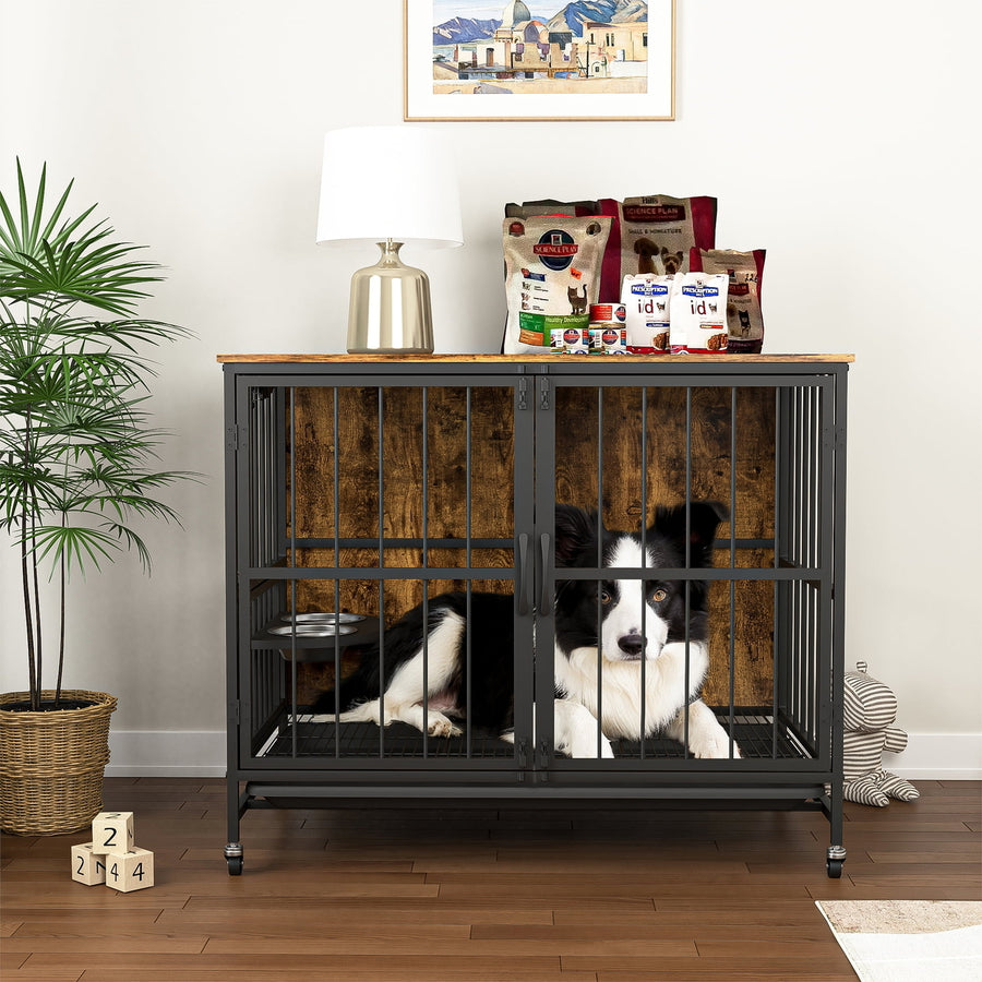 Hommoo 37 Inch Large Dog Crate Furniture with Bowl, Multi-Functional Dog Crate End Table with Wheels, Flip-up Top Image 1