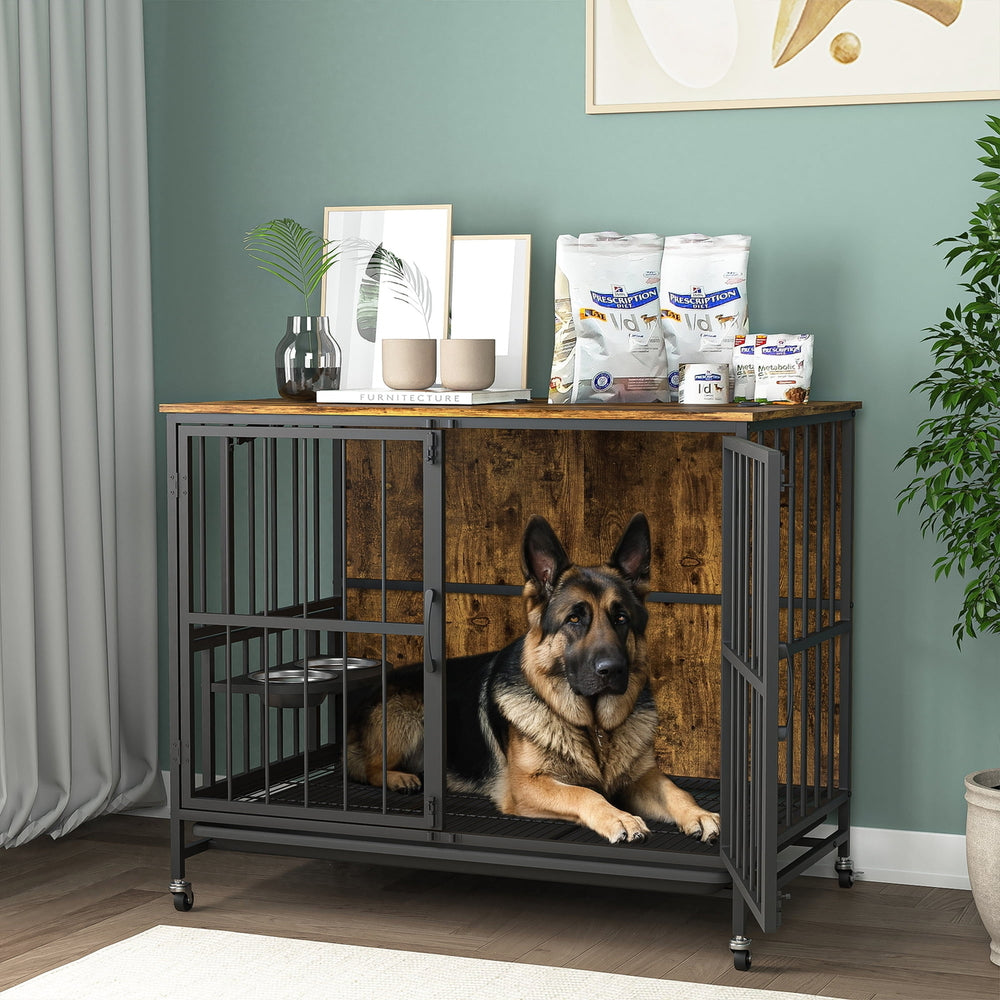 Hommoo 37 Inch Large Dog Crate Furniture with Bowl, Multi-Functional Dog Crate End Table with Wheels, Flip-up Top Image 2