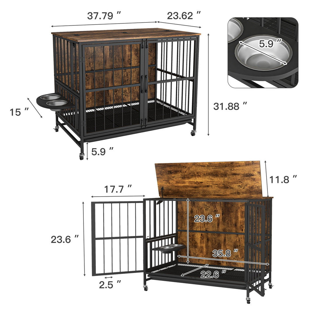 Hommoo 37 Inch Large Dog Crate Furniture with Bowl, Multi-Functional Dog Crate End Table with Wheels, Flip-up Top Image 5