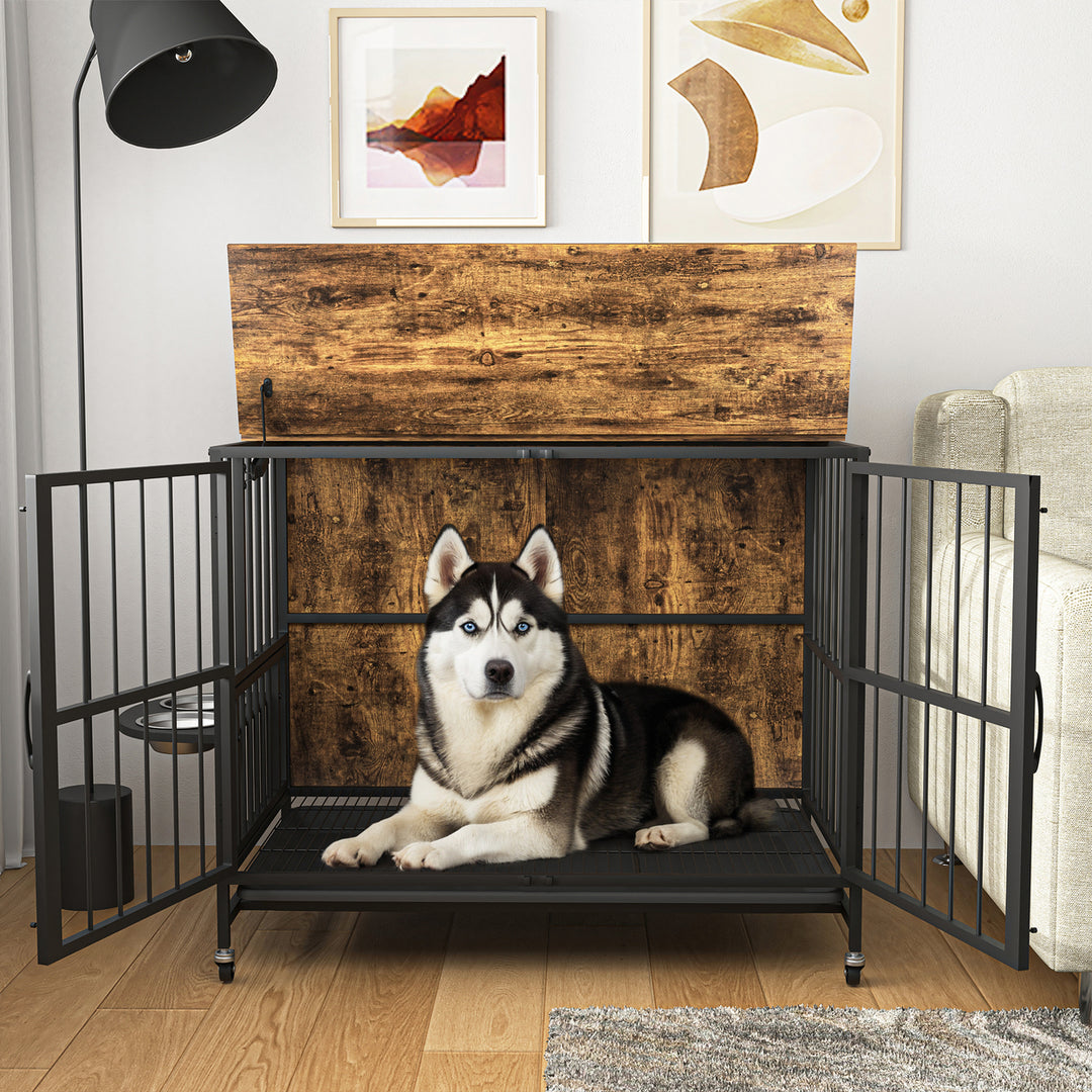 Hommoo 37 Inch Large Dog Crate Furniture with Bowl, Multi-Functional Dog Crate End Table with Wheels, Flip-up Top Image 6