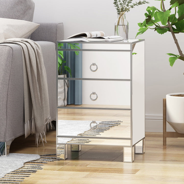 Hommoo Clear Glass 3 Drawer Roseville Side Table, Mirrored Finish, Storage Organizer, Compact Size, 15.8"L x 13.8"W x Image 1