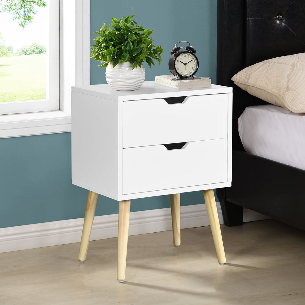 Hommoo Side Table with 2 Drawer and Rubber Wood Legs,Modern Storage Cabinet for Bedroom Living Room,White Image 2