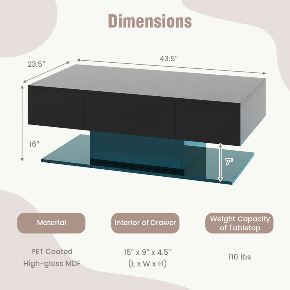 Hommoo Modern LED Coffee Table with 20 Color LED Lights and 2 Storage Drawers-Black, Modern Coffee Table for Living Room Image 2