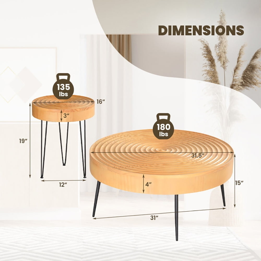 Hommoo Set of 2 Solid Wood Farmhouse Round Coffee Tables-Ring Pattern, Modern Coffee Table for Living Room Office Image 4