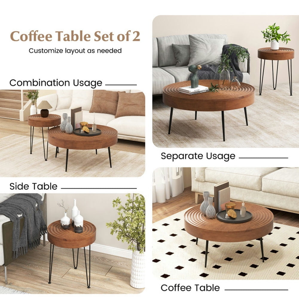 Hommoo Coffee Table,Center Table, Modern Sofa Table Tea Table,Set of 2 Solid Wood Ring Pattern Farmhouse Round Coffee Image 4