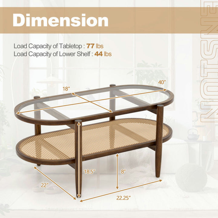 Hommoo 2-Tier Coffee Table with Tempered Glass Tabletop and Acacia Wood Frame, Modern Coffee Table for Living Room Image 5