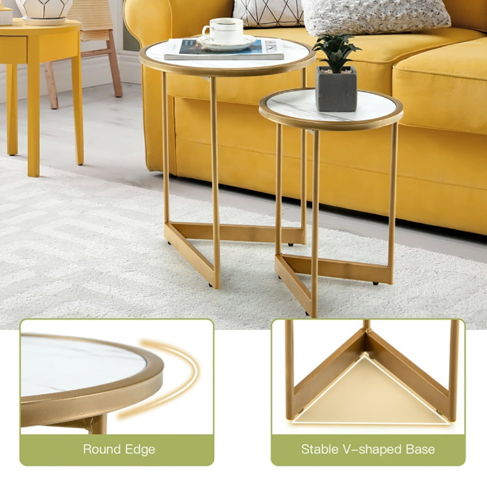 Hommoo Coffee Table, Modern Sofa Table Tea Table,Round Nesting Table Set of 2 with Marble-like Tabletop-White Image 2