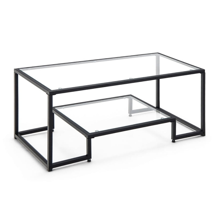 Hommoo Coffee Table, Modern Sofa Table Tea Table,Modern 2-Tier Rectangular Coffee Table with Glass Table Top-Black Image 1