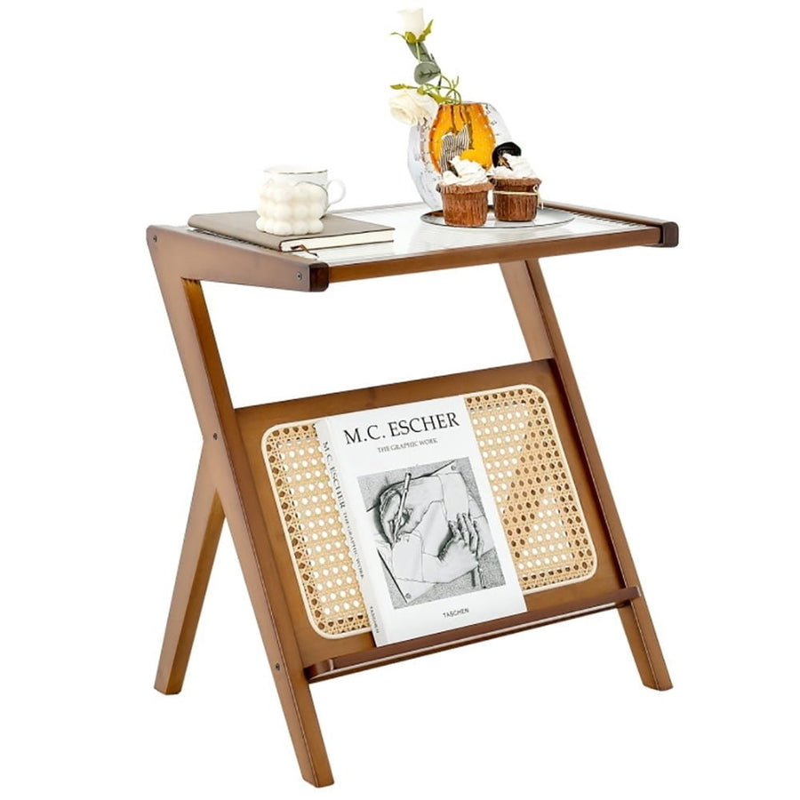 Hommoo Metal Frame End Table, Coffee Table with Magazine Rack and Tempered Glass Top with Charging Station, Walnut Image 1