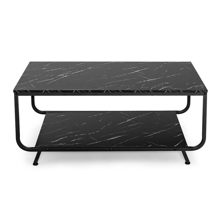 Hommoo 2-Tier Modern Marble Coffee Table with Storage Shelf for Living Room-Black, Modern Coffee Table for Living Room Image 1