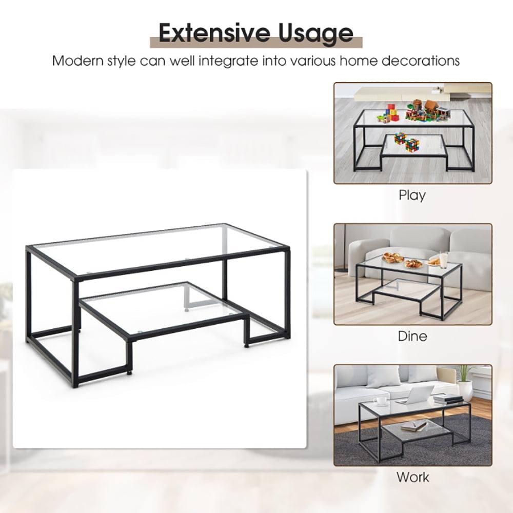 Hommoo Coffee Table, Modern Sofa Table Tea Table,Modern 2-Tier Rectangular Coffee Table with Glass Table Top-Black Image 2