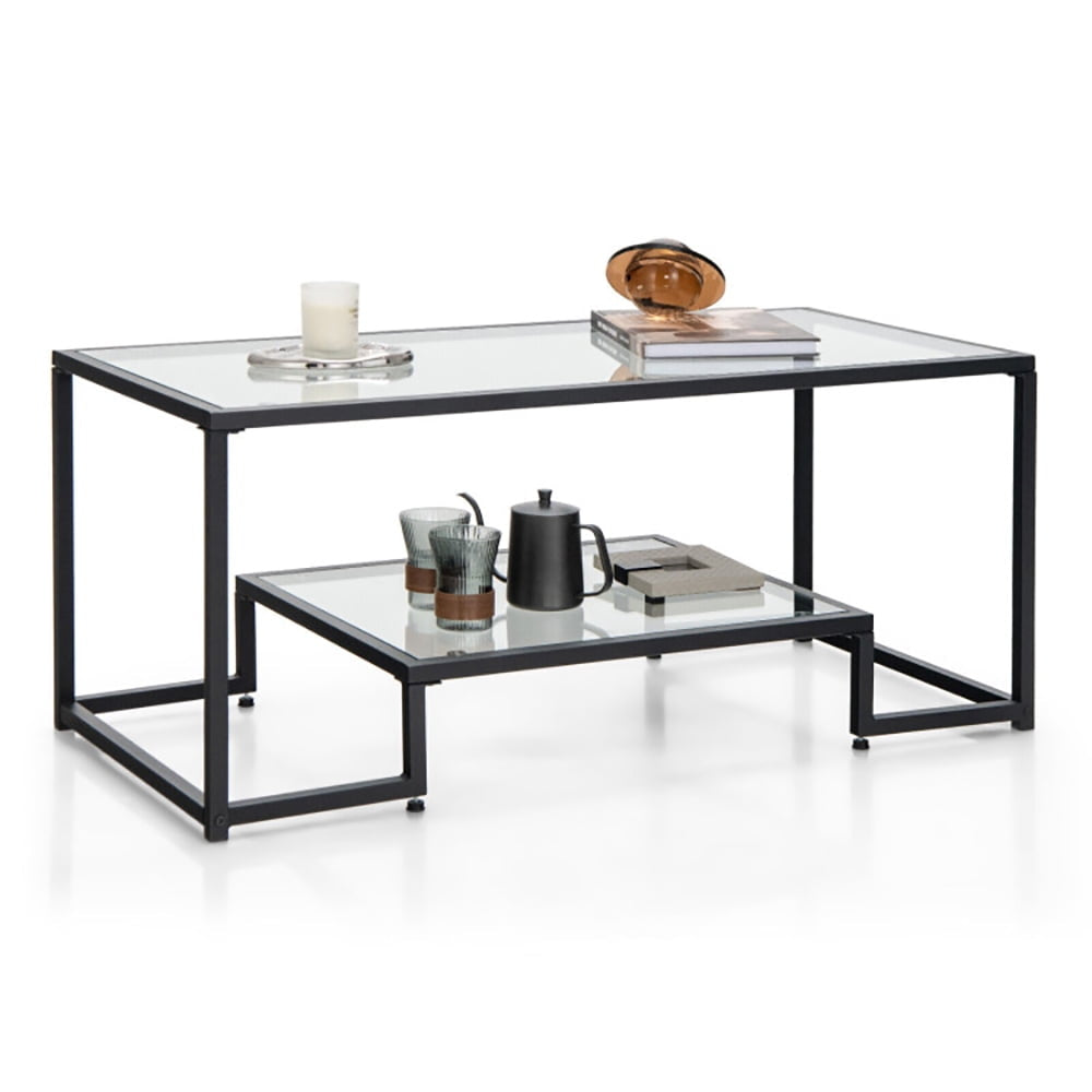 Hommoo Coffee Table, Modern Sofa Table Tea Table,Modern 2-Tier Rectangular Coffee Table with Glass Table Top-Black Image 4