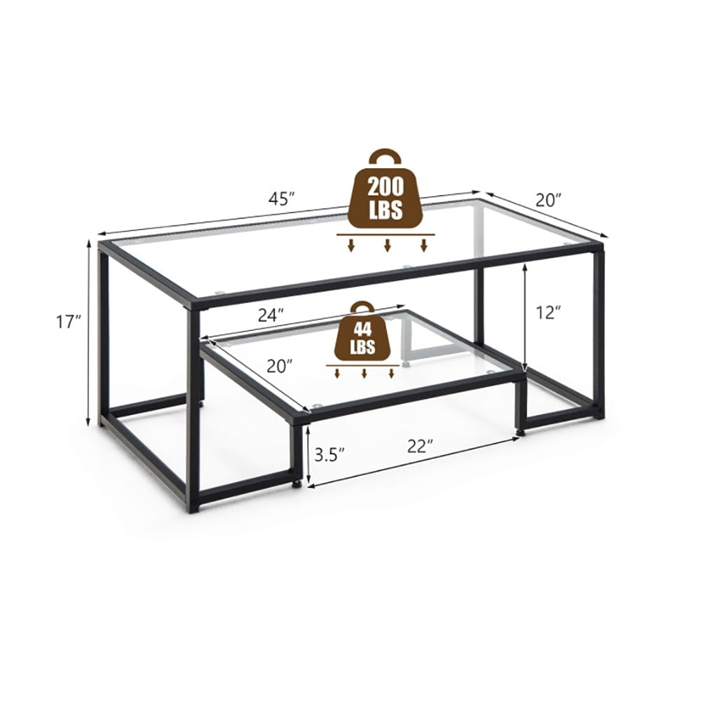 Hommoo Coffee Table, Modern Sofa Table Tea Table,Modern 2-Tier Rectangular Coffee Table with Glass Table Top-Black Image 5