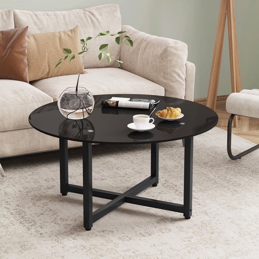 Hommoo 35.5" Modern Black Glass Round Coffee Table, Metal Frame Cocktail Table for Living Room Furniture Image 1