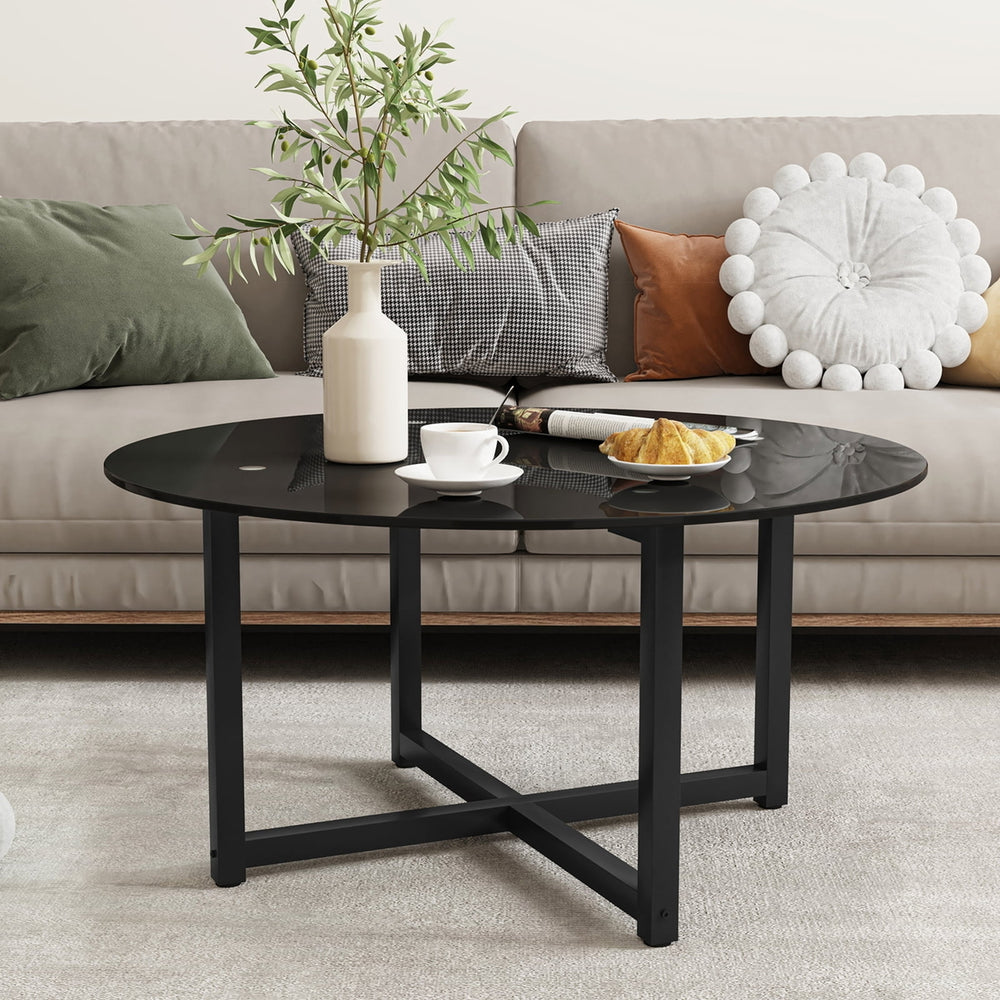 Hommoo 35.5" Modern Black Glass Round Coffee Table, Metal Frame Cocktail Table for Living Room Furniture Image 2