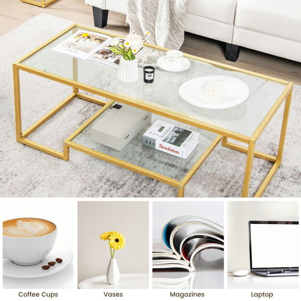 Hommoo Coffee Table,Center Table, Modern Sofa Table Tea Table,Modern 2-Tier Rectangular Coffee Table with Glass Table Image 5