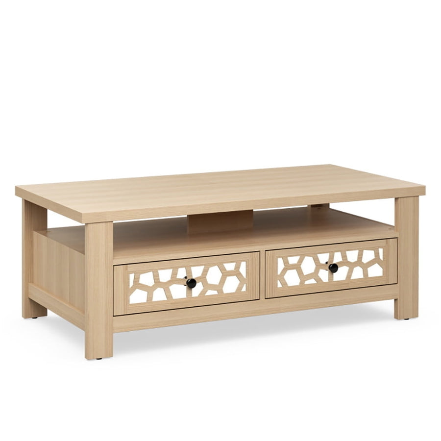 Hommoo 3-tier Coffee Table with 2 Drawers and 5 Support Legs-Natural, Modern Coffee Table for Living Room Office Image 1