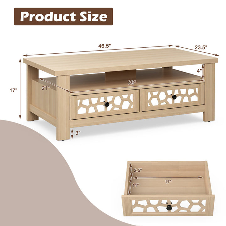 Hommoo 3-tier Coffee Table with 2 Drawers and 5 Support Legs-Natural, Modern Coffee Table for Living Room Office Image 2