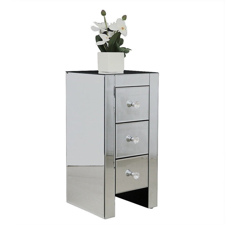 Hommoo Mirrored Glass Bedside Table with Three Drawers Size S - Silver Image 1