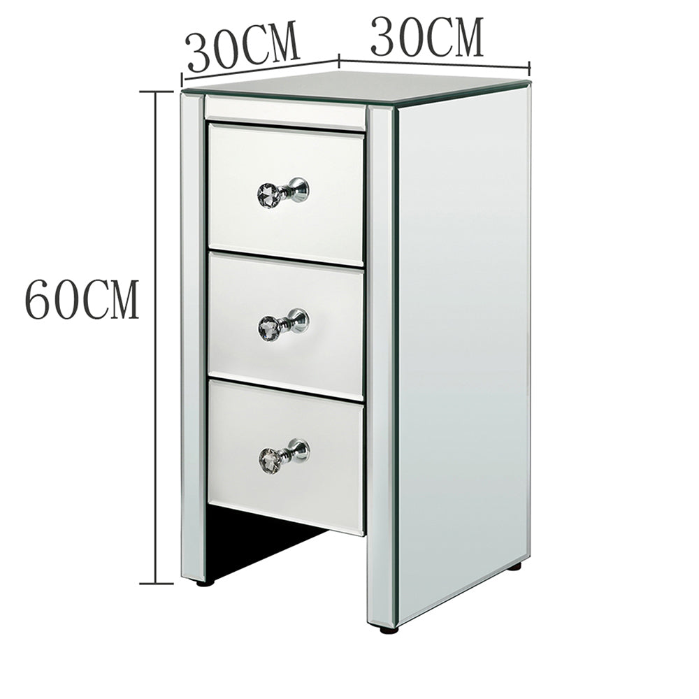 Hommoo Mirrored Glass Bedside Table with Three Drawers Size S - Silver Image 2